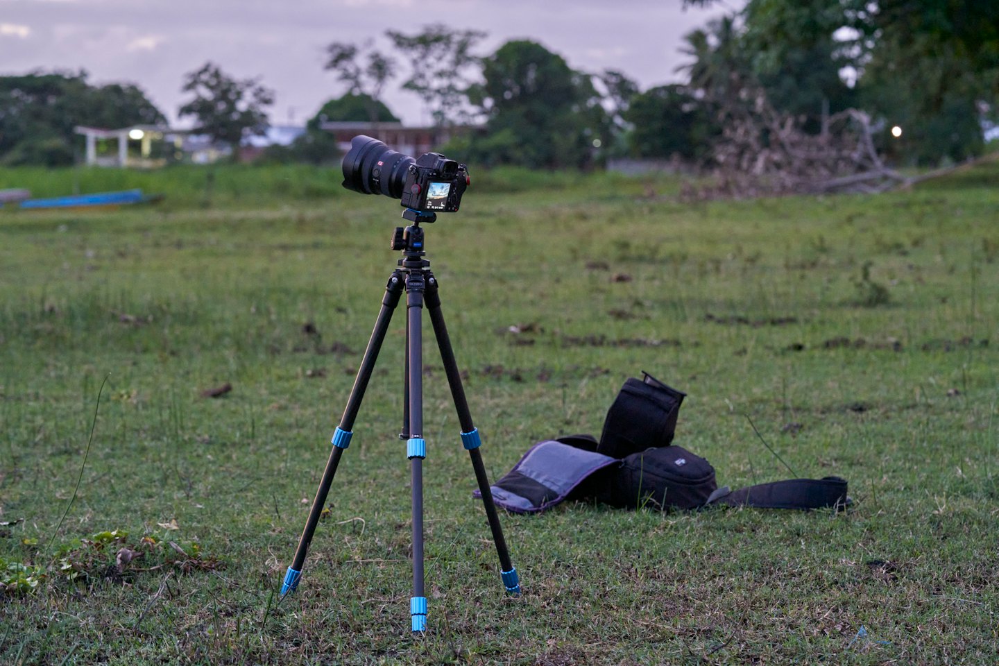 Professional camera on a tripod stands in a grassy field.